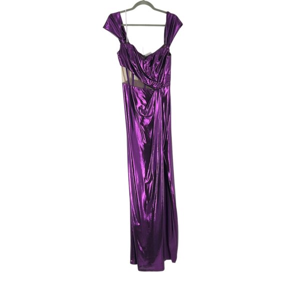 NWT Marchesa Notte Purple Metallic Cutout Off Shoulder Gown - Picture 2 of 10